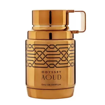 Frasco de perfume bronze Odyssey Aoud com padrão geométrico preto