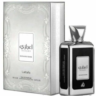 Frasco e caixa de perfume Lattafa EJAAZI Intensive Silver prateados e pretos