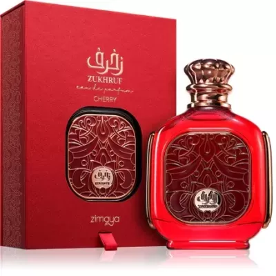 Frasco de perfume vermelho com textura floral e caixa vermelha com texto ZUKHRUF CHERRY