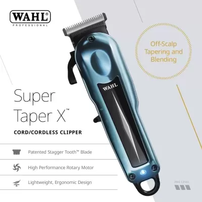 Máquina de cortar cabelo Wahl Super Taper X azul metálico com lâminas metálicas e botão luminoso