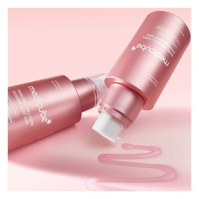 Frascos metálicos rosa com gel rosa e texto Medicube