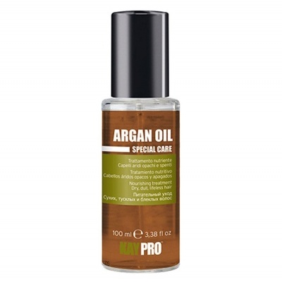 Frasco de óleo de argão para cabelo com etiqueta castanha e verde.