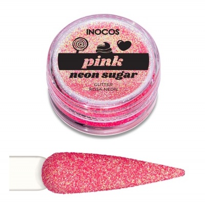 Pote de glitter rosa neon da INOCOS com amostra aplicada