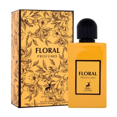 Perfume Floral Profumo da Maison Alhambra com frasco amarelo e tampa preta ao lado da embalagem decorada