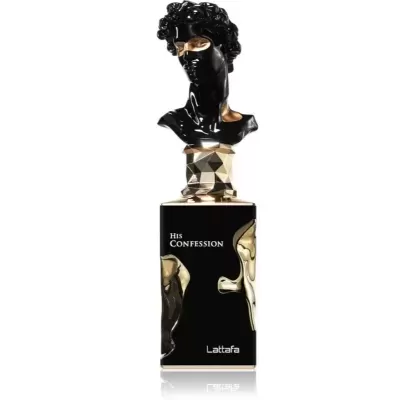 Frasco de perfume preto e dourado com tampo em busto humano preto brilhante