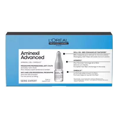 Embalagem azul e branca do produto L'Oréal Professionnel Aminexil Advanced com texto informativo