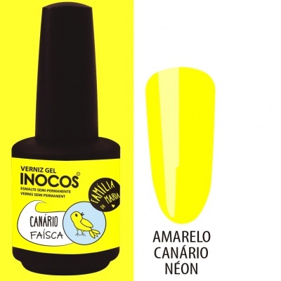 Frasco de verniz gel INOCOS amarelo canário com rótulo e desenho de canário