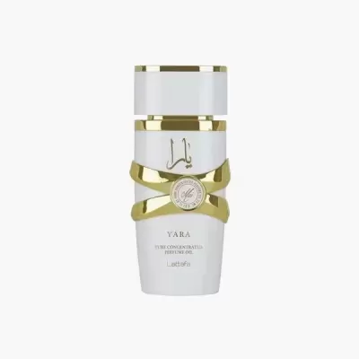 Frasco branco e dourado de perfume concentrado YARA