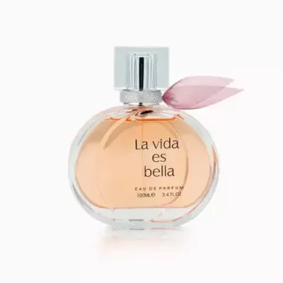 Frasco de perfume La vida es bella com tampa prateada e laço rosa