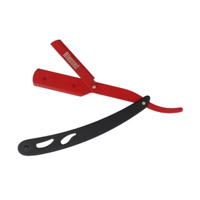 Navalha de barbear tradicional vermelha e preta com texto BLESSED