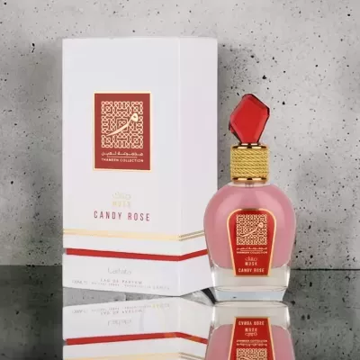 Frasco de perfume rosa Candy Rose com caixa branca