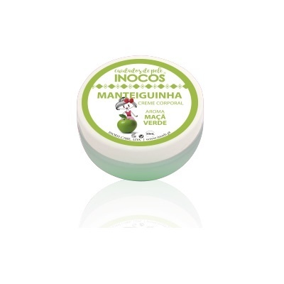 Creme corporal Manteiguinha Inocos aroma maçã verde em embalagem redonda branca e verde