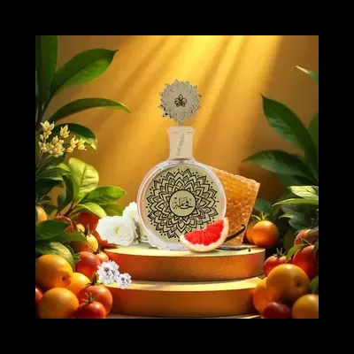 Frasco decorativo branco com padrão preto rodeado por frutas cítricas e flores, sobre base dourada com plantas ao fundo