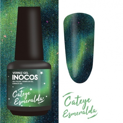 Frasco de verniz gel INOES verde esmeralda Cat Eye com amostra da cor