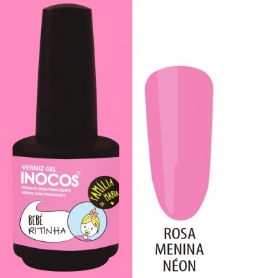 Frasco de verniz gel rosa INOCOS Bebé Ritinha e amostra da cor