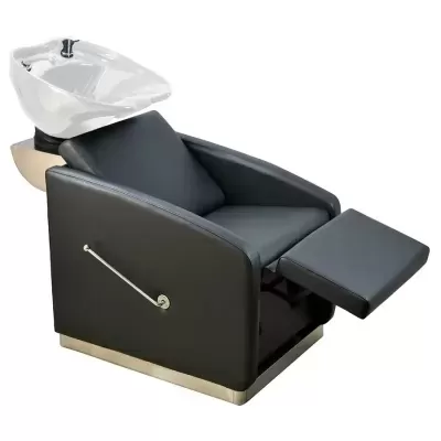 Cadeira de salão preta com lava-cabeças branco e apoio reclinável
