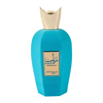 Frasco de perfume azul turquesa com tampa dourada e etiqueta dourada.