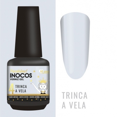 Frasco de verniz gel INOCOS com rótulo branco e dourado e amostra de cor branca