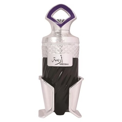 Frasco de perfume prateado e preto com etiqueta AREBEAH