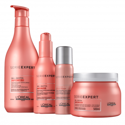 Conjunto de produtos capilares Série Expert B6 + Biotin Inforcer da L'Oréal em embalagens rosa