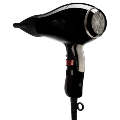 Secador de cabelo preto com botão vermelho e grelha metálica circular.