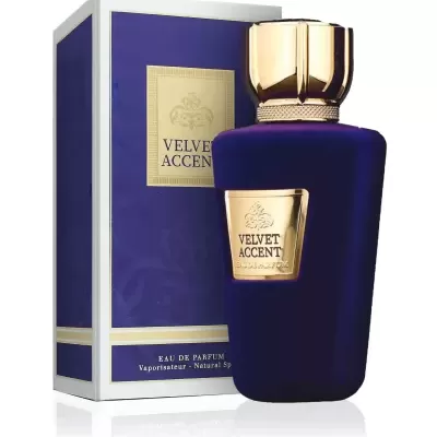 Frasco e caixa de perfume azul e dourado com texto Velvet Accent Eau de Parfum