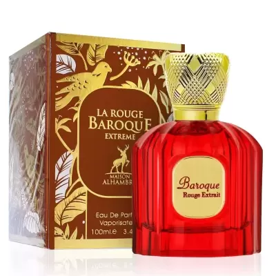 Perfume La Rouge Baroque Extreme Maison Alhambra em frasco vermelho com tampa dourada e caixa decorada