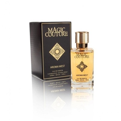 Perfume Magic Couture Aroma West com frasco transparente e tampa dourada junto à caixa preta