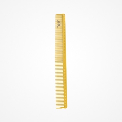 Pente amarelo de plástico com texto JRL num fundo branco