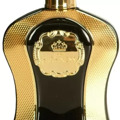 Frasco de perfume preto e dourado com placa decorativa e tampa dourada