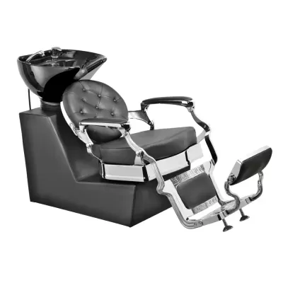 Cadeira de barbeiro preta com lavatório e estrutura metálica cromada