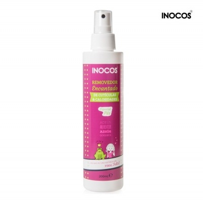 Frasco branco spray removedor de cutículas INOCOS com rótulo rosa