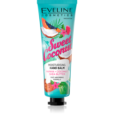 Tubo azul-turquesa de creme hidratante para mãos Sweet Coconut by Eveline Cosmetics