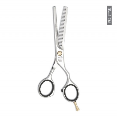 Tesoura de corte e desbaste para cabelo em aço inoxidável prateado com detalhes pretos