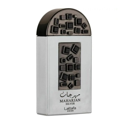 Frasco de perfume prateado com detalhes geométricos pretos e texto MAHARJAN SILVER Lattafa PRIDE
