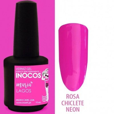 frascos de verniz gel rosa chiclete neon e amostra da cor