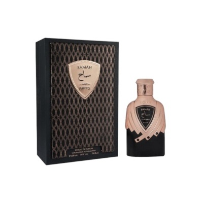 Frasco de perfume preto e bronze ao lado de caixa de perfume preta com padrão geométrico