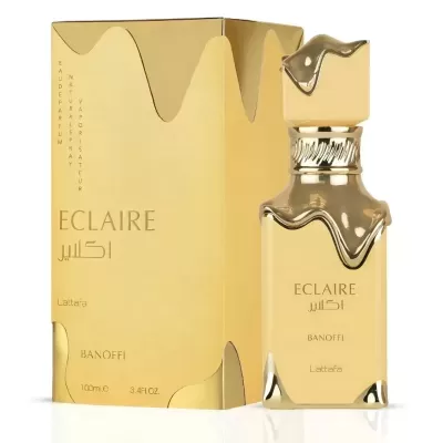 Perfume Eclaire Banoffi da Lattafa dourado com embalagem e frasco