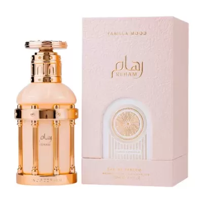 Perfume REHAM Vanilla Mood com frasco decorativo dourado e embalagem rosa