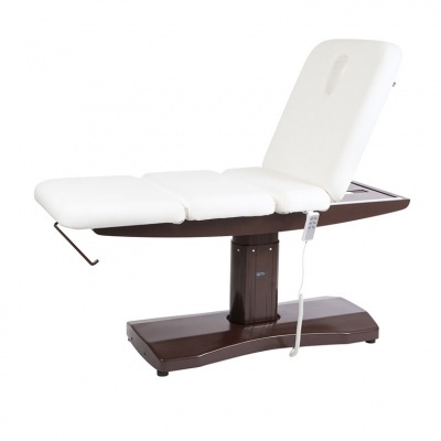 Cama de massagem elétrica com estofado branco e estrutura em madeira escura