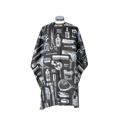 Capa de cabeleireiro preta com desenhos brancos de tesouras, lâminas e frascos