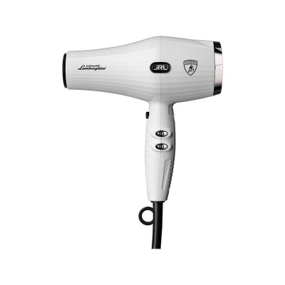 Secador de cabelo branco com logótipos Lamborghini e botões de controlo