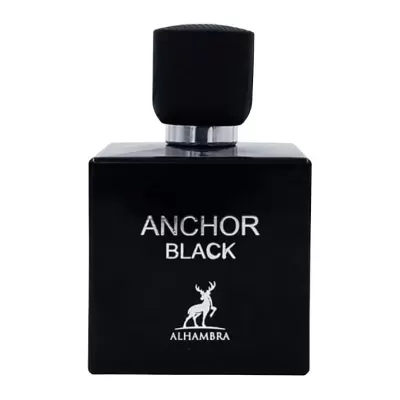 Frasco de perfume preto fosco com texto branco e tampa preta