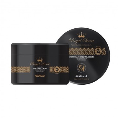 Frasco preto de máscara capilar Royal Secret com tampa e detalhes dourados