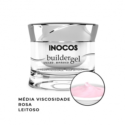 Frasco de gel rosa leitoso para unhas da marca INOCOS com tampa prateada