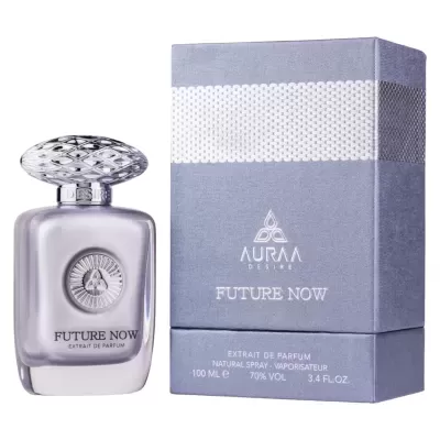 Frasco prateado de perfume Auraa Desire Future Now ao lado da caixa cinzenta com faixa branca e texto