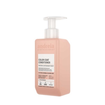 Frasco retangular rosa com dispenser branco do condicionador 'andreia professional COLOR COAT CONDITIONER' para cabelos normais coloridos.