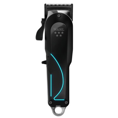 Máquina de cortar cabelo elétrica preta com detalhes em azul e lâminas metálicas