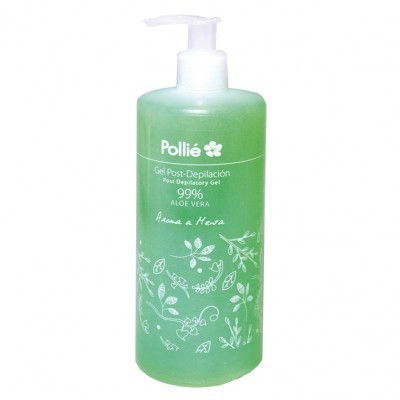 Frasco verde translúcido de gel pós-depilatório Pollié com texto branco e dispensador branco