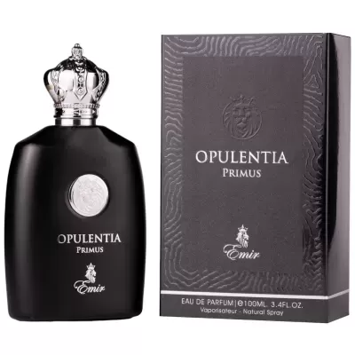 Frasco de perfume Opulentia Primus Emir preto com tampa em forma de coroa e caixa preta